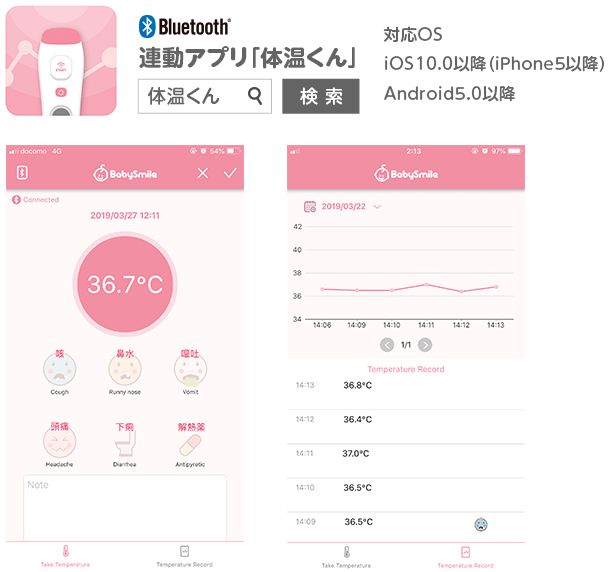 連動アプリ「体温くん」/対応OS iOS10.0以降（iPhone5以降） Android5.0以降