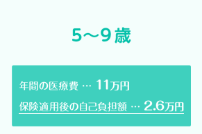 5～9歳　年間の医療費…11万円、保険適用後の自己負担額…2.6万円